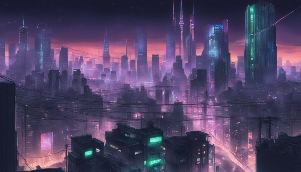 A mesmerizing image of a futuristic city at night, reminiscent of the captivating Tokyo Ghoul setting.