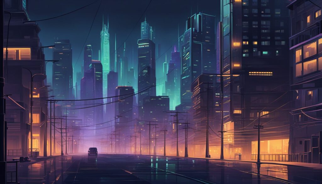An illustration of a city at night in December 2023, capturing the essence of "Break the Chains".