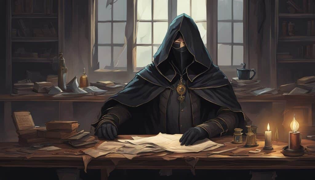 A hooded man immersed in books, possibly engrossed in a game review or novel inspired by the Tokyo Ghoul series.