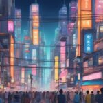 An illustration of a city at night with neon signs inspired by Tokyo Ghoul.