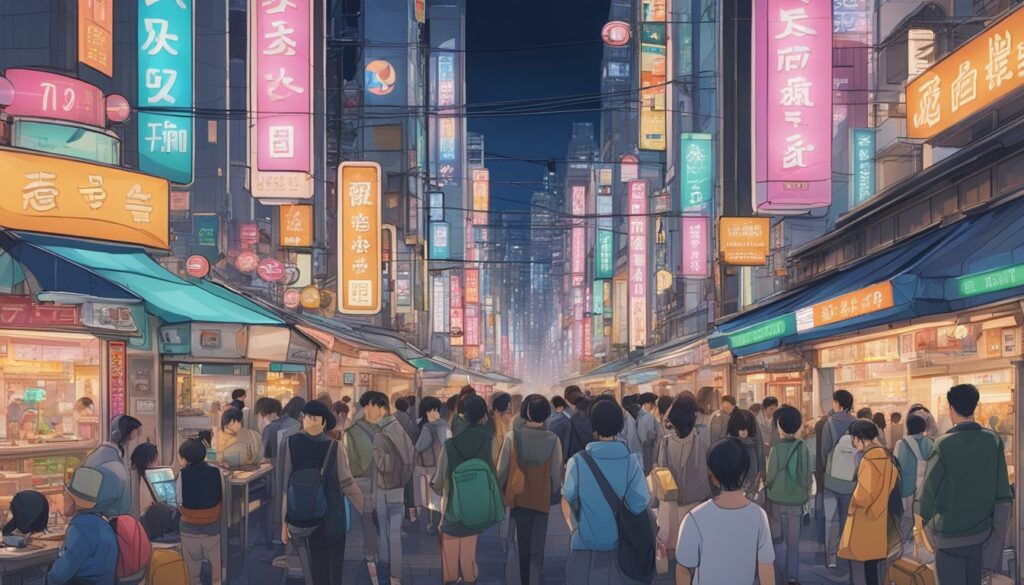 An illustration of a crowded Asian street at night in Tokyo Ghoul style.