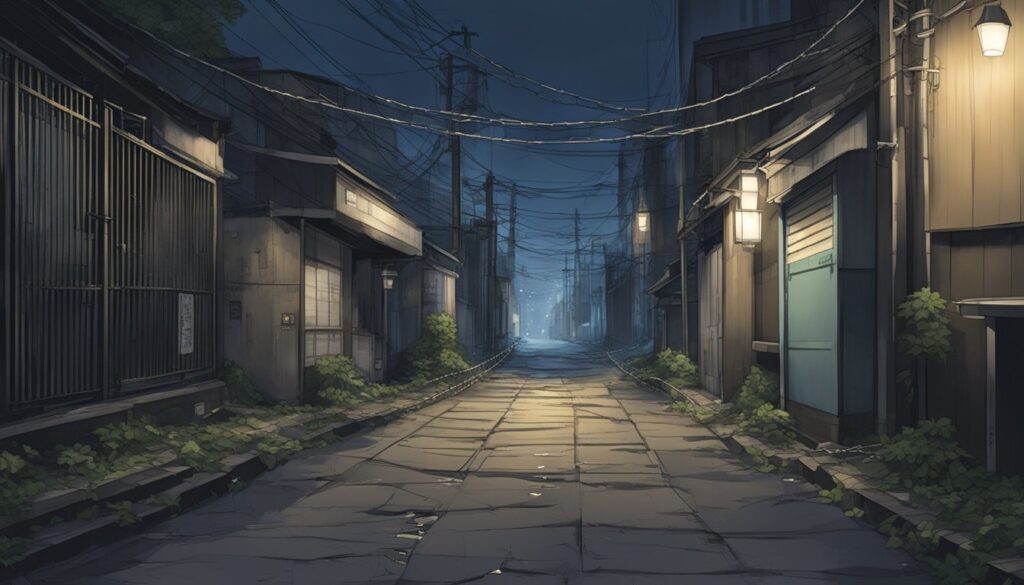 An image of an alleyway at night, inspired by Tokyo Ghoul.