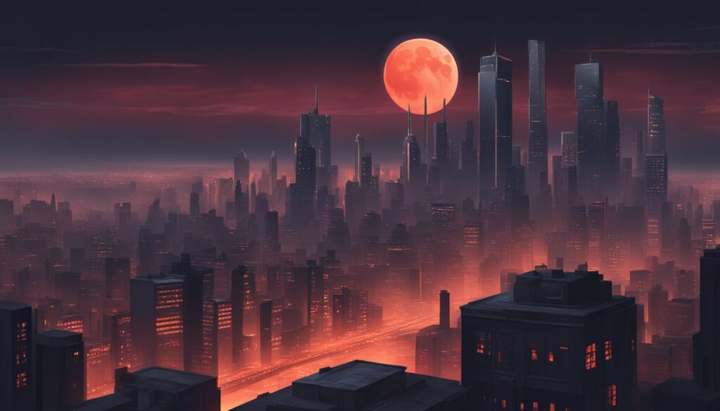 Game Review: Break the Chains takes place in a dystopian city where a red moon looms in the sky, reminiscent of the dark and eerie atmosphere depicted in Tokyo Ghoul.