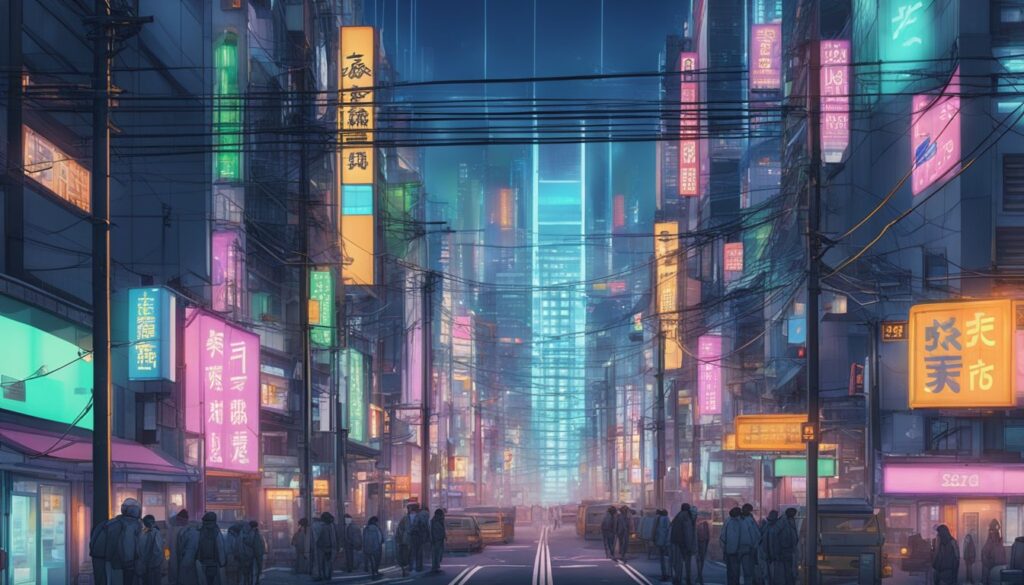 In December 2023, Break the Chains in a city reminiscent of Tokyo Ghoul, where vibrant neon signs illuminate the bustling streets filled with people going about their daily lives.