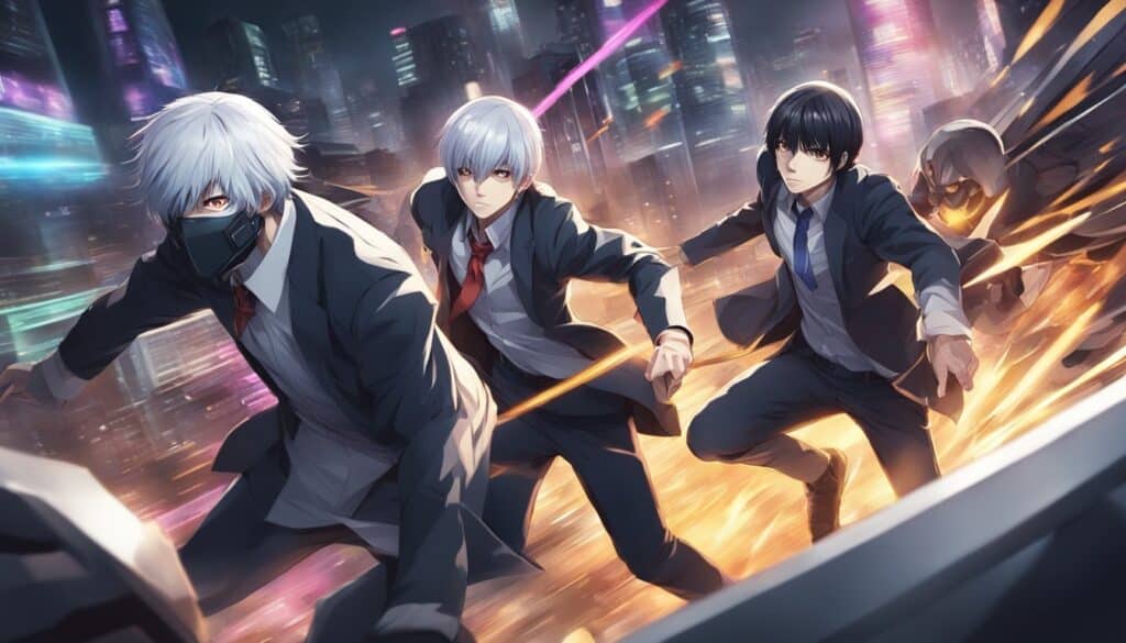 A group of anime characters from Tokyo Ghoul running in a city.