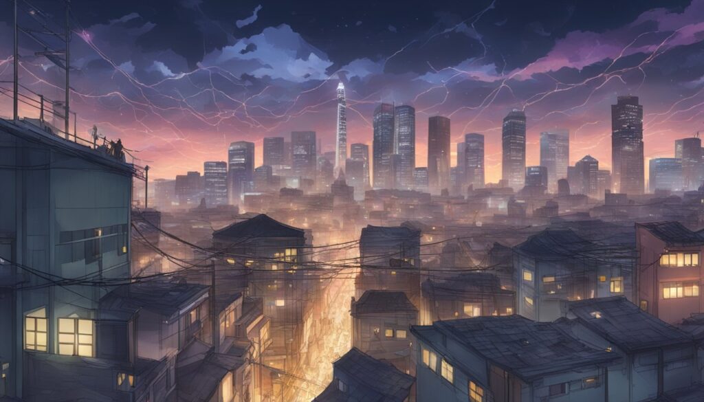 An electrifying illustration of a city at night, crackling with lightning.