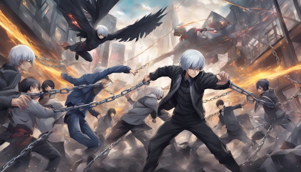 A group of anime characters from Tokyo Ghoul quietly Break the Chains in a city, showcasing their power and skill in an epic Tier List battle.