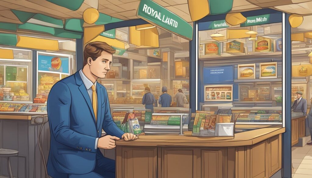 A man wearing a suit sits at a counter in a grocery store, unaffected by the disparity in the colorful ads scattered around him.