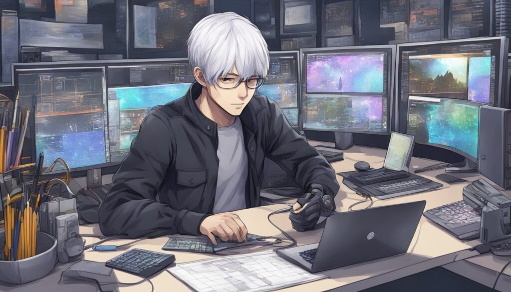 A man sitting at a desk with many monitors, immersed in creating a Tier List for the popular anime Tokyo Ghoul.