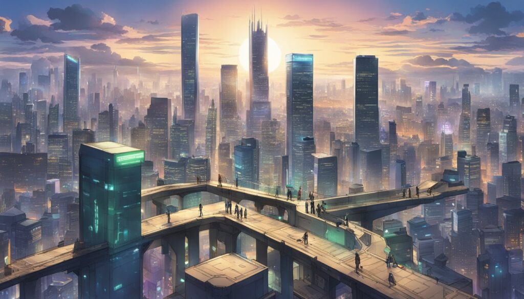 A Tokyo Ghoul-inspired futuristic city featuring skyscrapers and a visually stunning bridge that breaks the chains of convention.