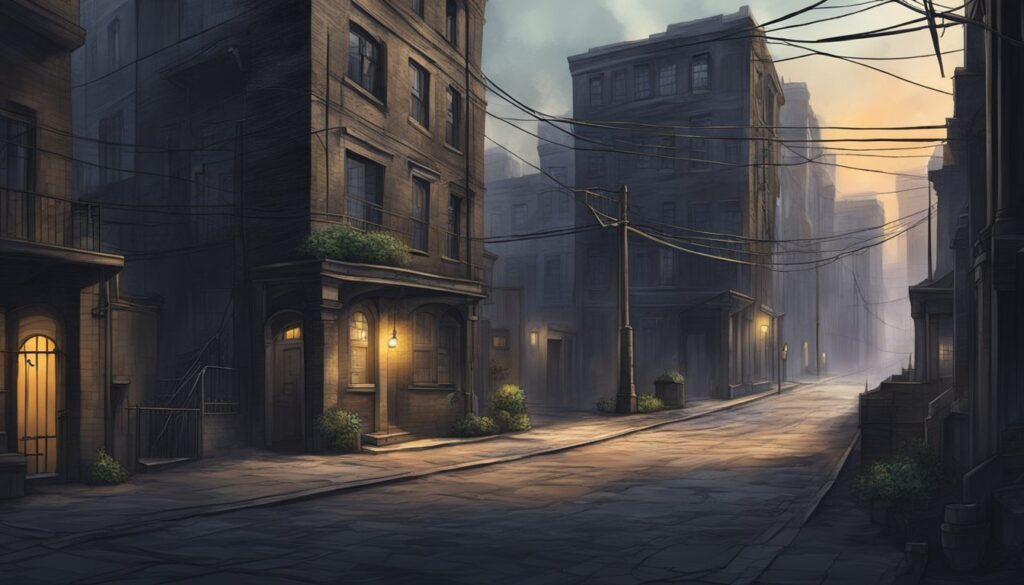 An illustration of a city street at dusk, inspired by the anime Tokyo Ghoul.