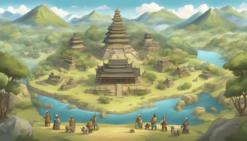 An illustration of an Asian village with a temple in the background, showcasing the serene beauty and rich cultural heritage of this ancient town.