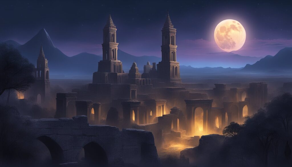 A painting of a city at night with a full moon, featuring the December 2023 Update.