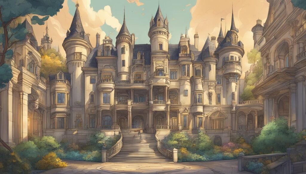 A majestic painting of a castle with grand stairs beckoning visitors to ascend towards its regal presence.