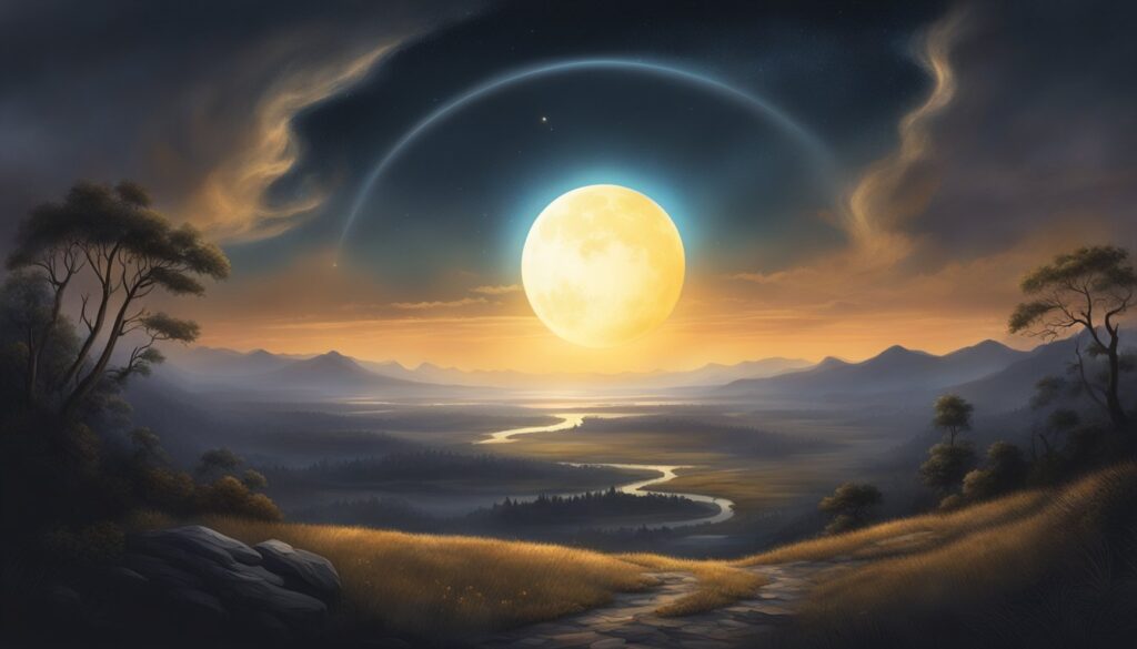 An ethereal painting of a landscape illuminated by the radiant glow of a full moon.