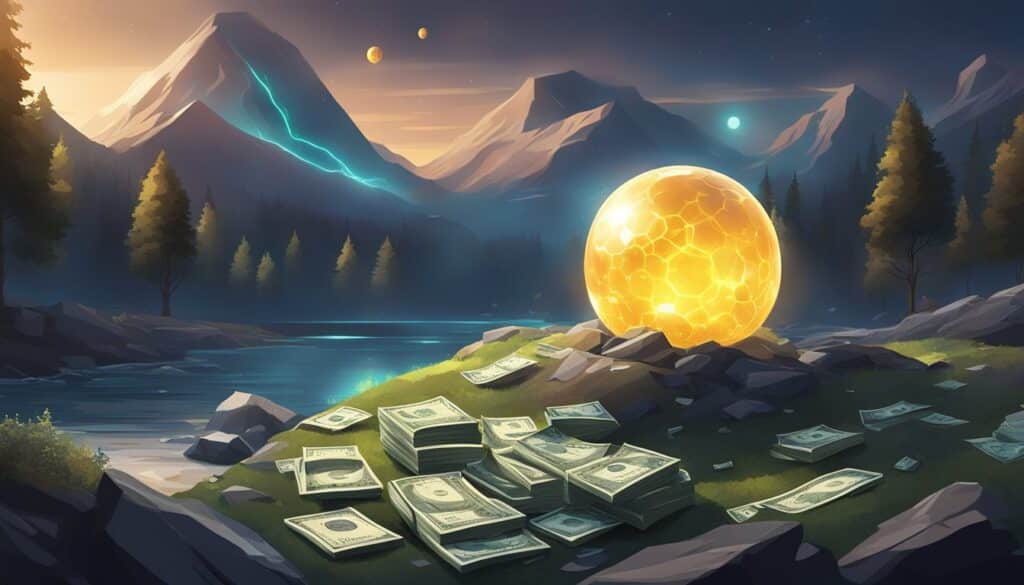 The Heir of Light discovers a golden egg amidst a vast pile of money, all located in the heart of a majestic mountain. December 2023 and Eclipse mark significant dates in this captivating