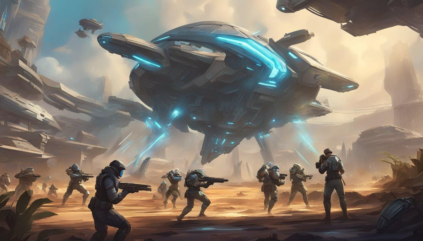 A group of people standing in front of a spaceship, looking awe-struck and filled with anticipation for their upcoming journey as the Heir of Light, excitedly awaiting the December eclipse.