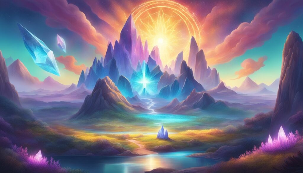 A breathtaking painting of a majestic mountain, enhanced by the mesmerizing beauty of crystals sparkling in the background, capturing the ethereal essence of December 2023.