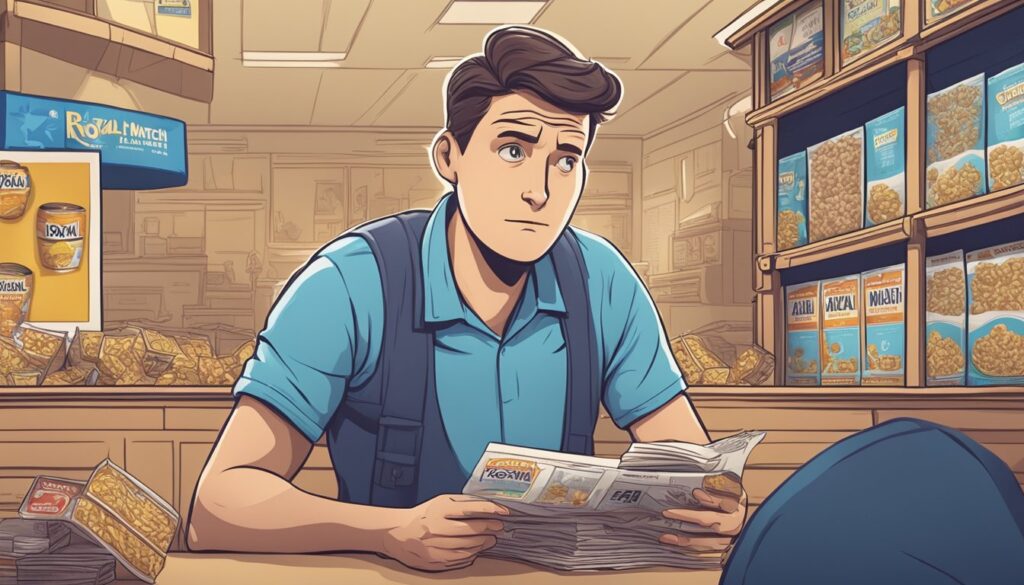 A cartoon of a man reading a newspaper amidst various ads in a store.