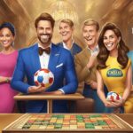 Promoting Royal Match, a group of celebrities standing in front of a board game.