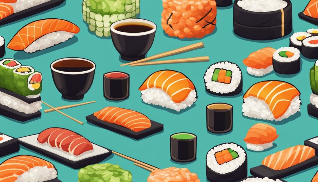 Isometric seamless pattern with sushi for dinner.