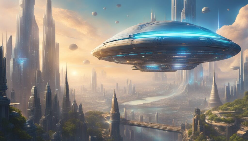 A futuristic spaceship flying over a city, offering an exciting sci-fi game experience where players can learn how to code through intergalactic programming challenges.