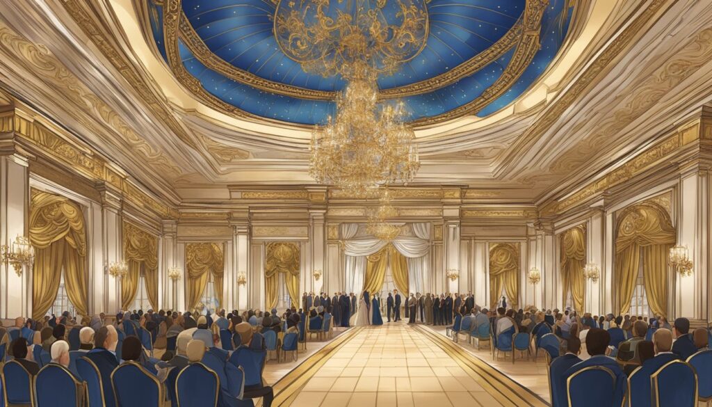 An important and popular drawing featuring a ballroom with a blue ceiling.