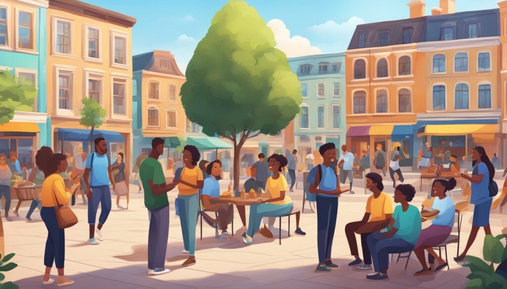 A Free cartoon illustration of people in a city square.