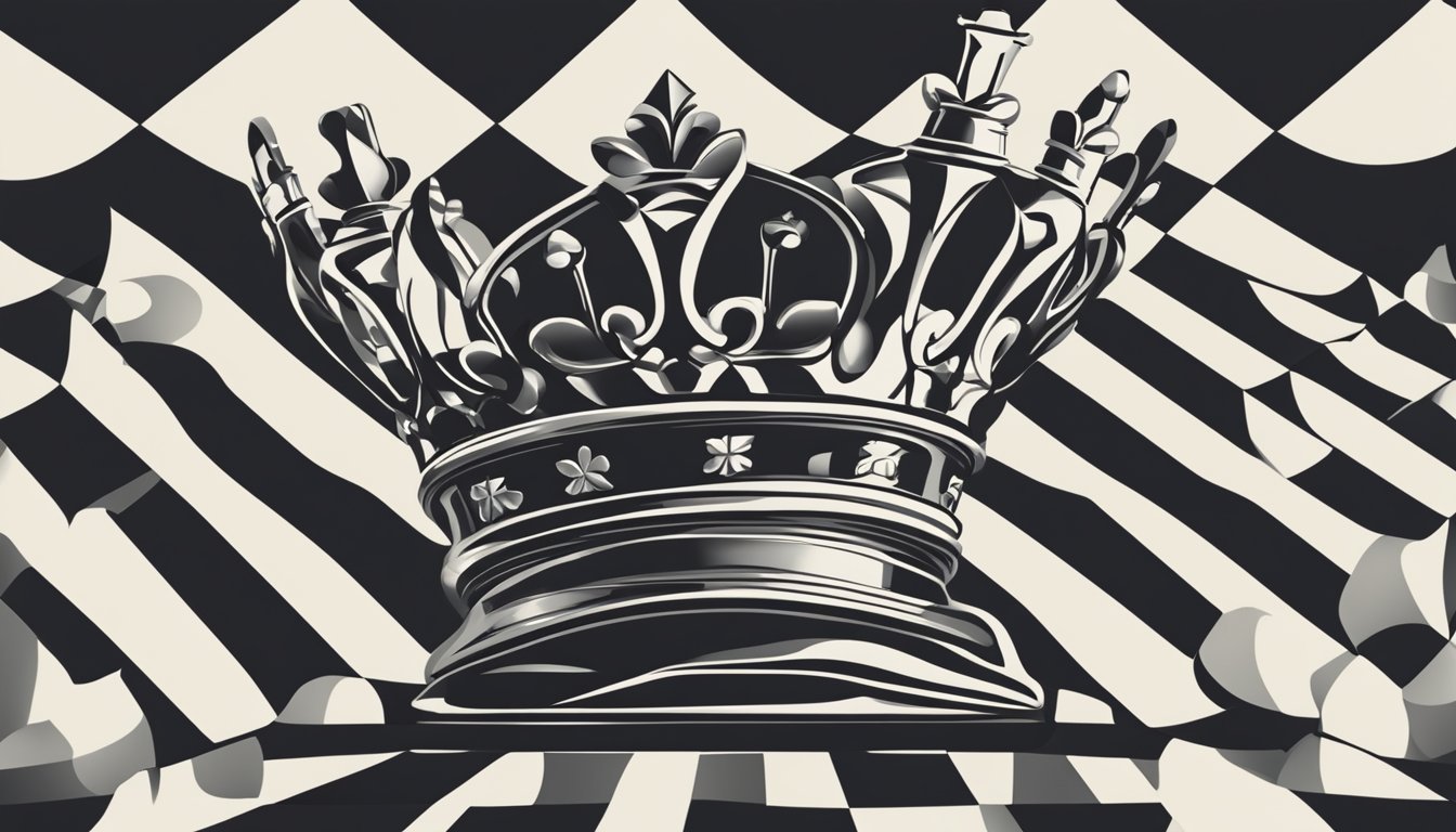 A black and white chess piece in a royal match on a checkered background.