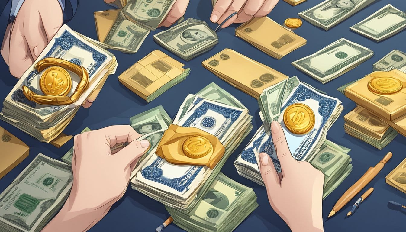 A team employing strategies to monetize their funds by pooling money on a table.