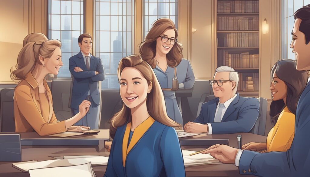 A cartoon of a woman using Royal Match monetization strategies to make money in a room with people in the background.