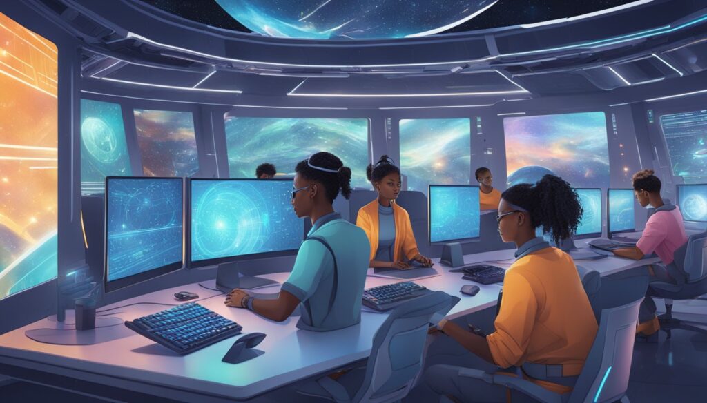 A group of people working on computers in a space station called Elara, developing a sci-fi game and learning how to code.