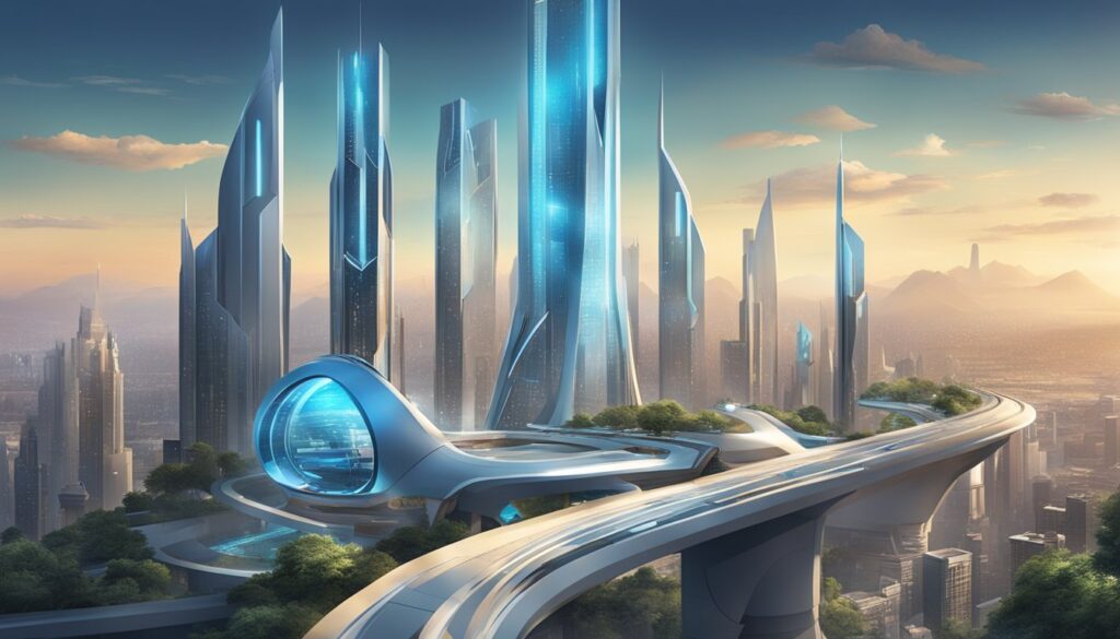 A futuristic city with many tall buildings incorporating monetization strategies for making money while enjoying the ambiance of Royal Match.