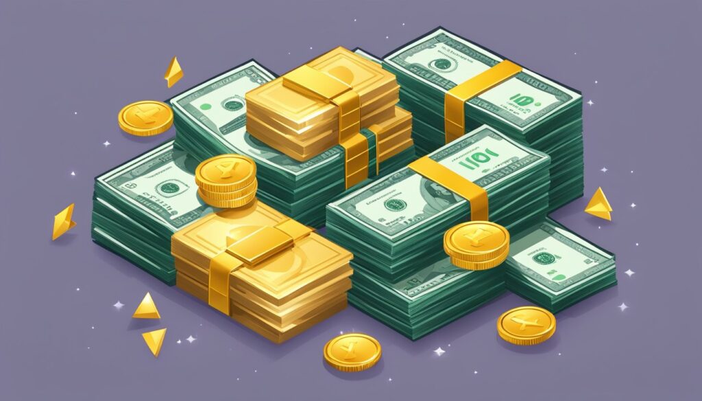 A stack of money and gold coins showcasing monetization strategies.