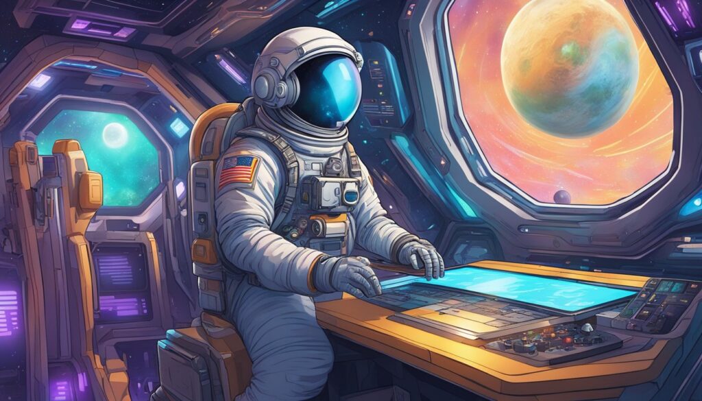 An astronaut learning to code at a sci-fi desk in space.