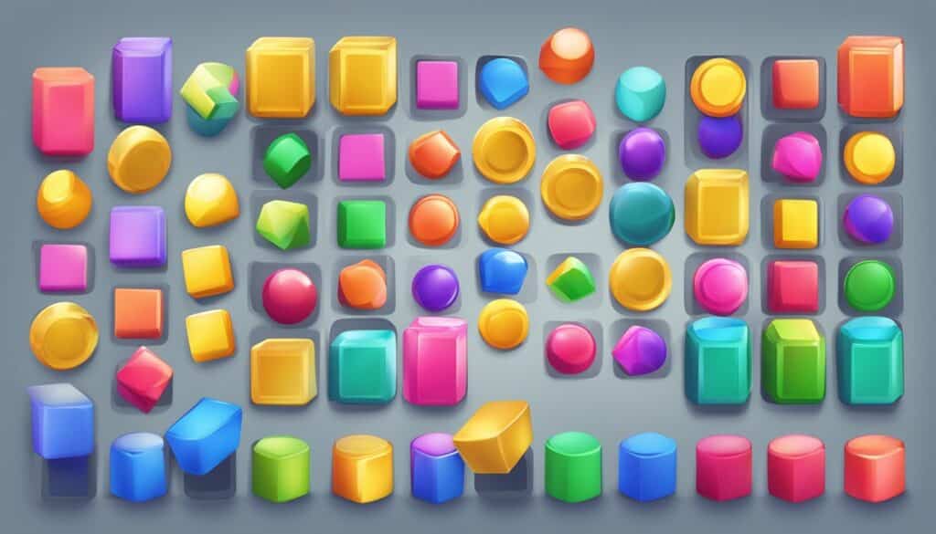 A playful collection of colorful cubes arranged on a neutral gray background.