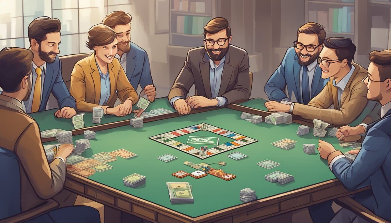 A group of people engaging in a Promotional Collaboration, playing Monopoly around a table.